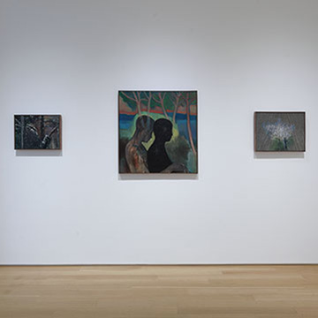 A view of The Luminous and the Given exhibition at the Nerman Museum of Art showing five works hanging in the gallery