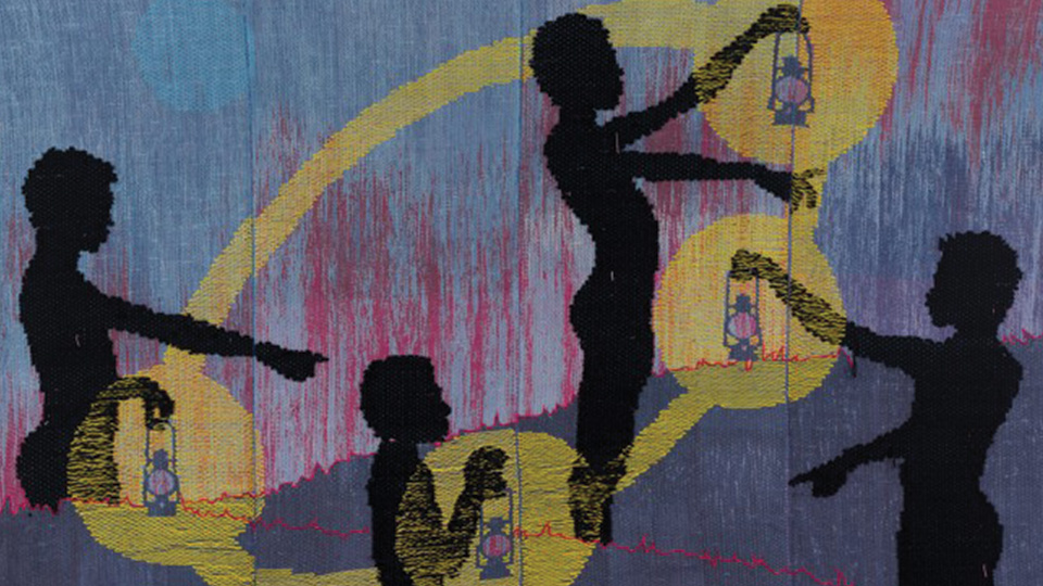 a work of art created with yarn showing four silhouettes holding lamps on a dark background