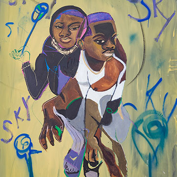 Jonathan Lyndon Chase, 2 trade bois, 2019, Spray paint, glitter, acrylic and marker on canvas, 72 x 60"