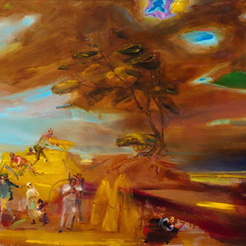 Angela Dufresne, Harvest with Texting and Samurai Soprano, 2011, Oil on canvas, 34 x 50"