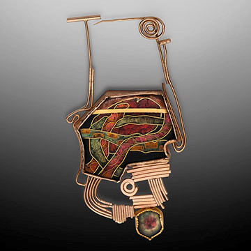 William Harper, Copper Bondage Pin, 1984, 18k and 14k gold, sterling silver, enamel