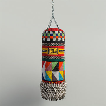 Jeffrey Gibson, American Girl, 2013, Found punching bag, wool blanket, glass beads, steel studs, artificial sinew, tin jingles and chain