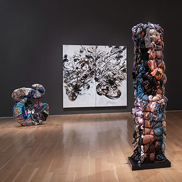 2 fabric sculptures, 1 black and white painting, and a collage of images on display at the Nerman 