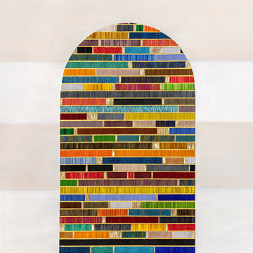 Untitled (All the Colors) by Dyani White Hawk - acrylic, bugle beads, thread and synthetic sinew on canvas - artwork is an arch filled with rectangular colors