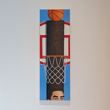 A long, brightly colored, vertical painting that depicts a man and a basketball hoop. Starting at the bottom of the work, a view of half the man's face and moving up the painting, his hair forms a column that ascends through a basketball hoop. A basketball rests on the top of his hair at the top of the painting.
