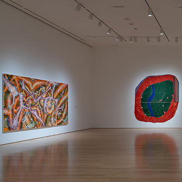 View of the New Chapter exhibition at the Nerman showing three large paintings hanging in the gallery. One work is an energetic painting of lines and tubes. One is a rounded abstract work of a green field with a blue line through it surrounded by a red border. The third work is a portrait of a seated man holding a rose.
