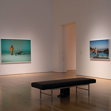 A view of two abstract paintings on display for the New Chapter exhibition at the Nerman Museum.