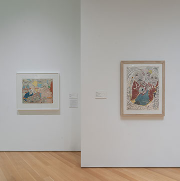 A view of the Elizabeth Layton exhibition at the Nerman showing 4 works hanging on the gallery walls