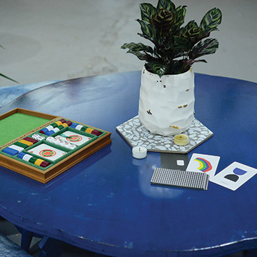 a card game and a houseplant on a round, blue table