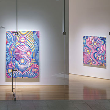 a wide-angle shot of the Kansas Focus Gallery at the Nerman displaying paintings by Angeline Rivas