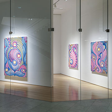 a wide-angle shot from behind a glass wall of the Kansas Focus Gallery at the Nerman displaying paintings by Angeline Rivas