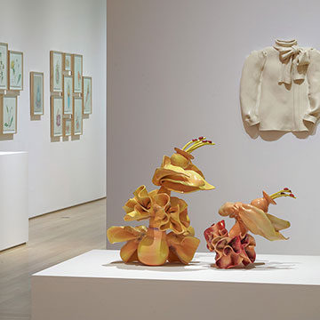 A view of the gallery at the Nerman displaying sculptures by Linda Lighton for the Love and War Exhibition.