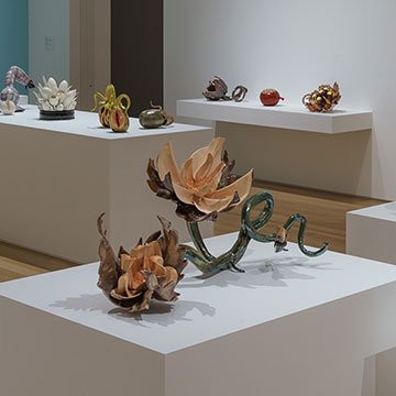 A view of a gallery at the Nerman displaying sculptures for the Love and War Exhibition.