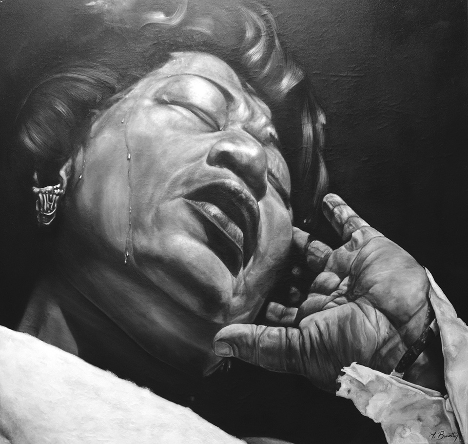 Black and white portrait of a crying woman who is leaning back away from the viewer with one hand raised to the side of her face.