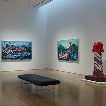 A view of the gallery installation of works by Julie Buffalohead on display at the Nerman