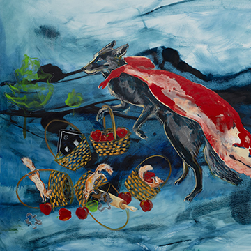 painting depicting a dog pulling a sled that is stacked with pillows, turtles, rabbits, a monkey and a raccoon