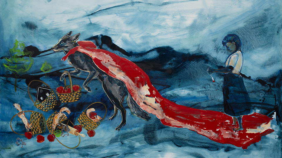 painting depicting a dog pulling a sled that is stacked with pillows, turtles, rabbits, a monkey and a raccoon