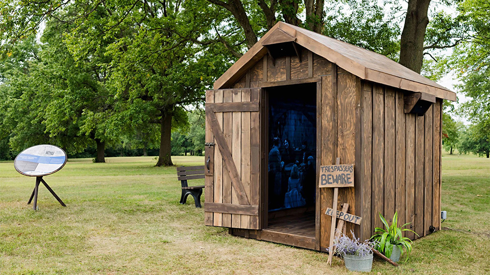 a wooden shed with a sign saying trespassers beware and keep out