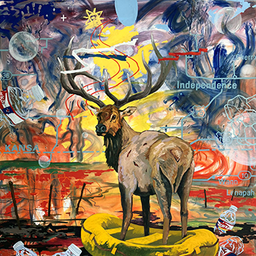 painting of an elk with huge antlers looking at the viewer and standing among discarded plastic bottles