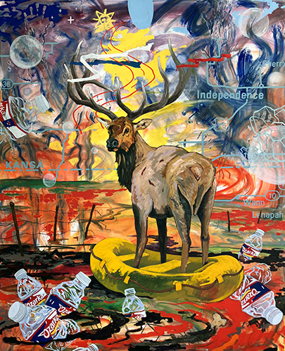 painting of an elk with huge antlers looking at the viewer and standing among discarded plastic bottles