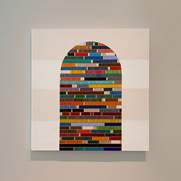 Untitled (All the Colors) by Dyani White Hawk - acrylic, bugle beads, thread and synthetic sinew on canvas - artwork is an arch filled with rectangular colors