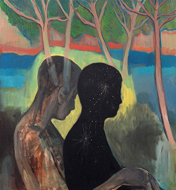 Oil painting entitled Chance by Misha Kligman - depicts two abstract, silhouetted figures (head and shoulders) against a multicolor background. The mood is somber and calm.